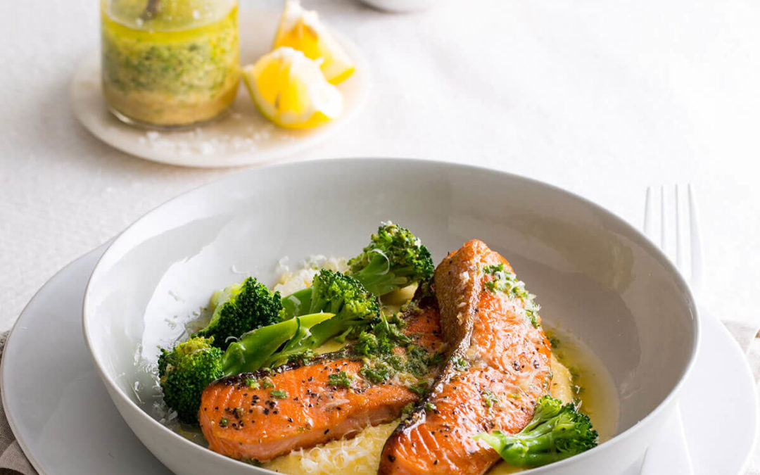 Crispy skin King salmon with creamy cheesy polenta and lemon dressing